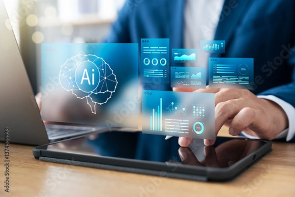 Fototapeta Humans use AI Artificial intelligence automation in their daily lives to help analyze data and prioritize their lives, automation to help business improve their efficiency, future technologies.
