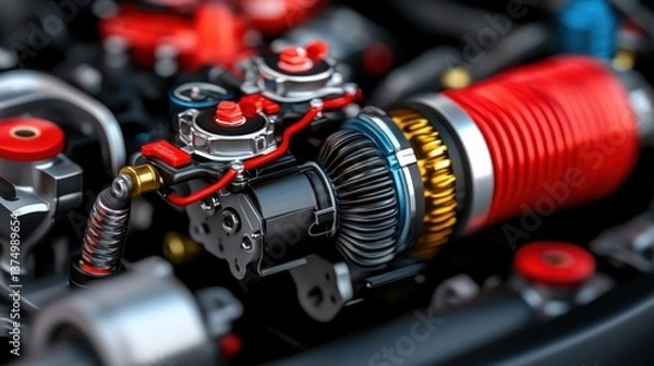 Fototapeta Highly detailed and complex image showcasing the intricate design and engineering of a turbocharged engine used in Formula 1 racing cars, highlighting the power, precision.