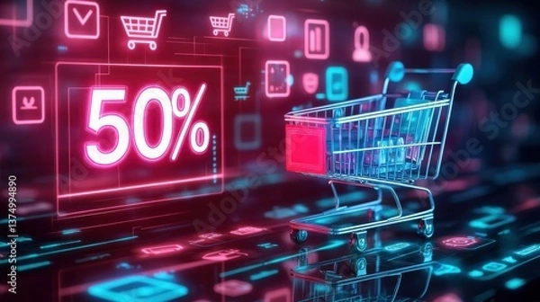 Fototapeta Brightly lit digital shopping cart displayed on a screen with a prominent 50 discount offer representing the dynamic and promotional nature of ecommerce