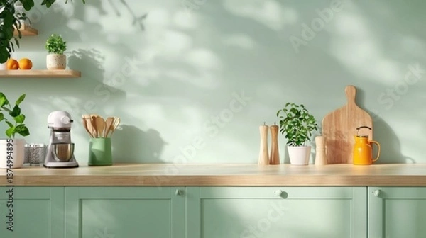 Fototapeta A cozy and minimalist kitchen featuring wooden countertops, pastel-colored tiles, and space-saving appliances and storage solutions.