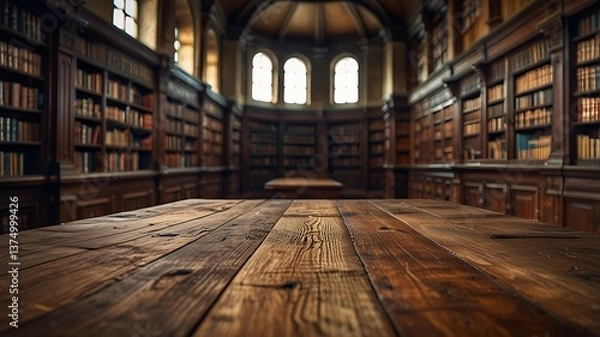Fototapeta Empty wood table top in an ancient library.