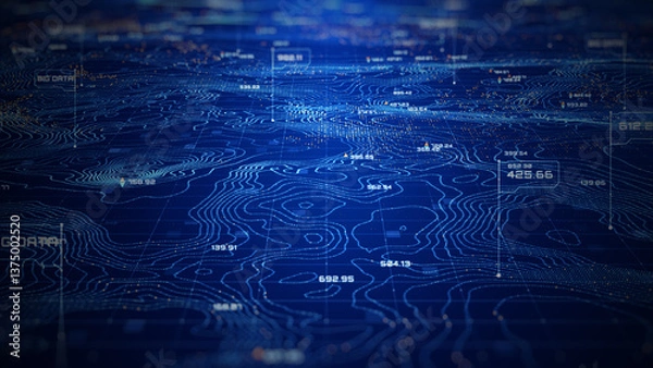 Fototapeta Digital topographic map with glowing data points and data network, futuristic analytics, Technology big data, and geospatial concepts. Future abstract background 3d Rendering