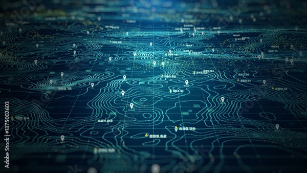 Obraz High-tech digital topographic map with glowing data points, GPS markers, and geospatial analytics. Technology big data and geospatial concepts. Future abstract background 3d Rendering