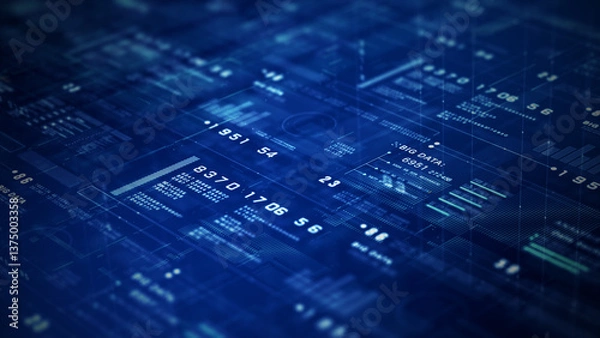 Fototapeta Abstract digital interface with big data analytics, futuristic information dashboard, and data visualization, representing technology, AI, and innovation. Technology abstract background.3d Rendering