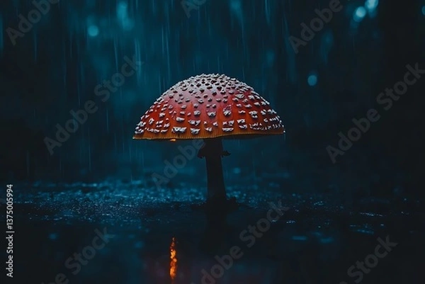 Fototapeta Red mushroom rain forest night.