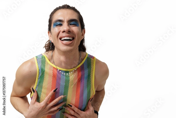 Obraz Genderless person wearing pride clothing smiling and posing happily for the camera