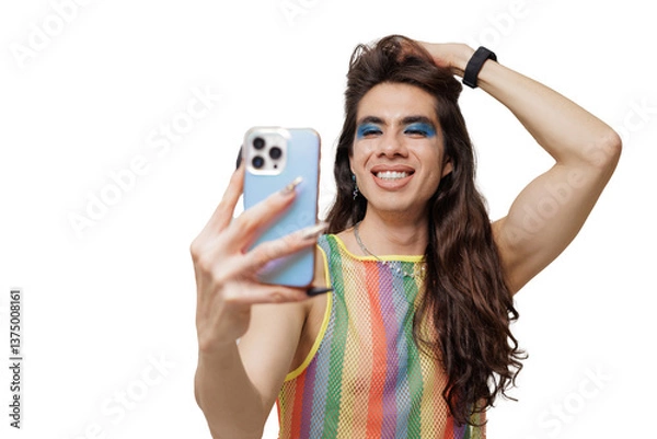 Obraz Genderqueer person takes a selfie wearing pride clothing, smiling and posing happily for the camera.