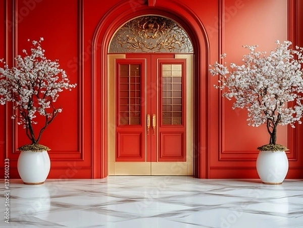 Fototapeta Red Room with Gold Door, and Spring Blossoms.
