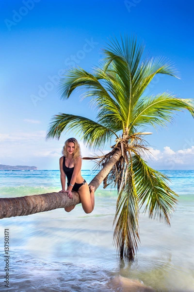 Fototapeta young sexy girl sitting on palm tree over blue sea
