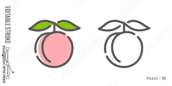 Obraz フルーツのラインアイコンと色付きアイコンのセット｜桃
