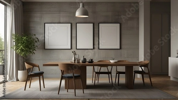 Fototapeta Minimalist dining room with two framed blank posters on wall. 3D Rendering