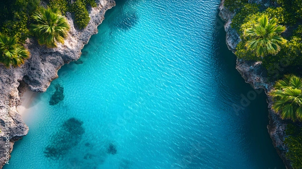 Fototapeta Aerial View of Tropical Beach with Turquoise Water and Palm Trees