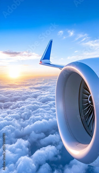 Fototapeta Airplane engine and wing above clouds at sunset . AI generative