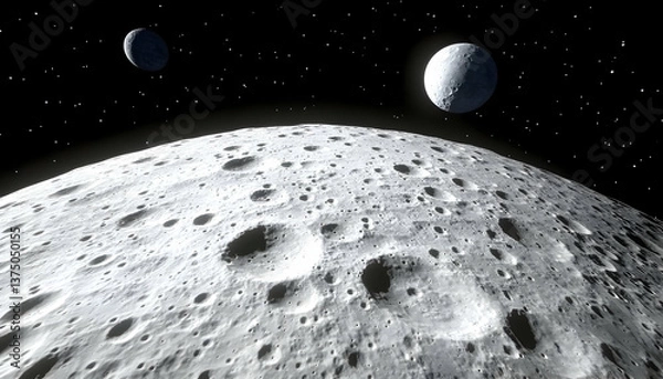 Fototapeta Cratered lunar surface with two celestial bodies in space . AI generative