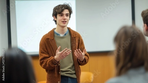 Fototapeta A university student presenting a project in front of their peers in a classroom.
