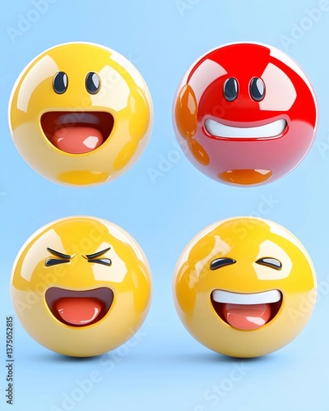 Fototapeta Four 3D emoticons showing happy, laughing, and joyful expressions . AI generative