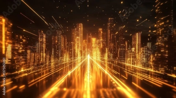 Obraz Golden Futuristic Cityscape with Glowing Investment Road