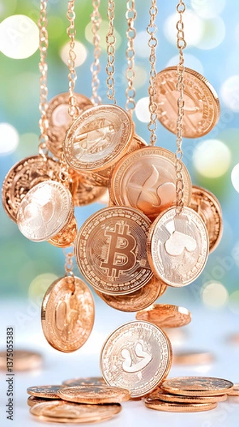 Obraz Golden cryptocurrency coins dangle from chains against a blurred background . AI generative