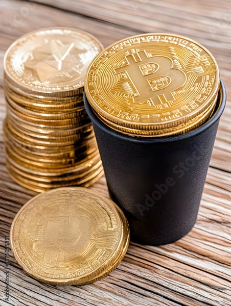 Obraz Golden cryptocurrency coins stacked beside a cup on wooden surface . AI generative