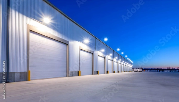Obraz Modern warehouse at twilight, featuring multiple loading docks with bright overhead lighting and a smooth concrete surface . AI generative