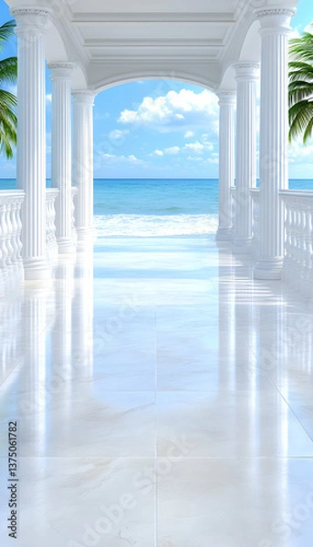 Obraz Ocean view through a white colonnade . AI generative