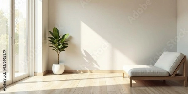 Fototapeta Serene Minimalist Room Design Featuring a Comfortable Chaise Lounge and Lush Greenery Bathed in Natural Sunlight