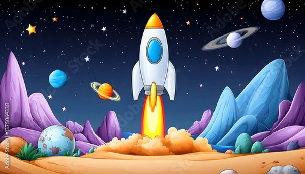 Fototapeta Rocket launching from an alien planet into a starry night sky . AI generative
