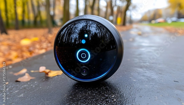 Fototapeta Smart outdoor security camera on autumn path . AI generative