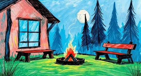 Fototapeta drawing Forest dwelling with campfire and wooden benches at twilight art child doodle artwork illustration art design