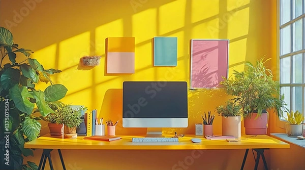 Obraz Bright Yellow Home Office Workspace with Plants and Sunlight