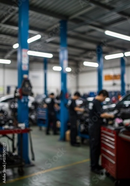 Fototapeta Auto Repair Shop Workers Blurred Motion. AI Generated