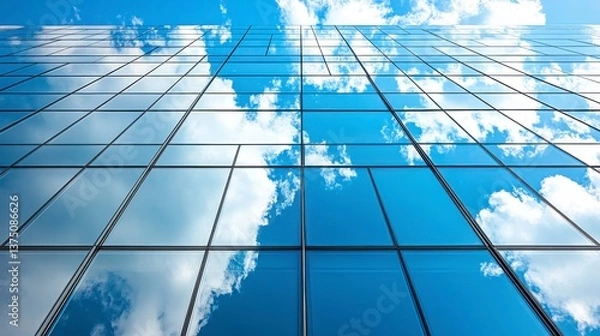 Fototapeta Sleek Glass Building Reflecting Blue Sky and White Clouds with Geometric Grid Pattern in Urban Landscape under Bright Daylight