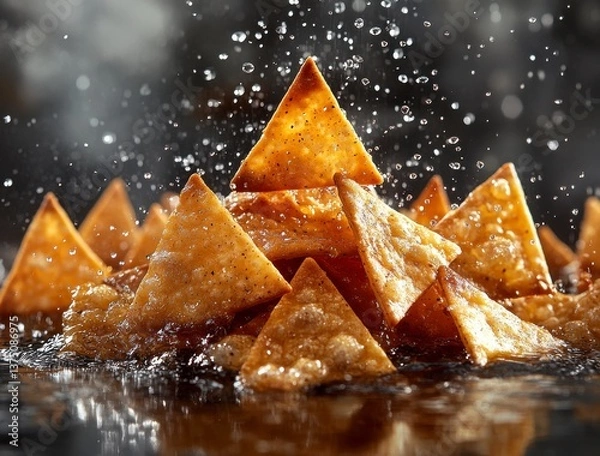 Fototapeta Triangular Pita Chips with Golden Texture on Dark Background Close Up Food Snack Appetizer Crispy and Delicious Studio Shot