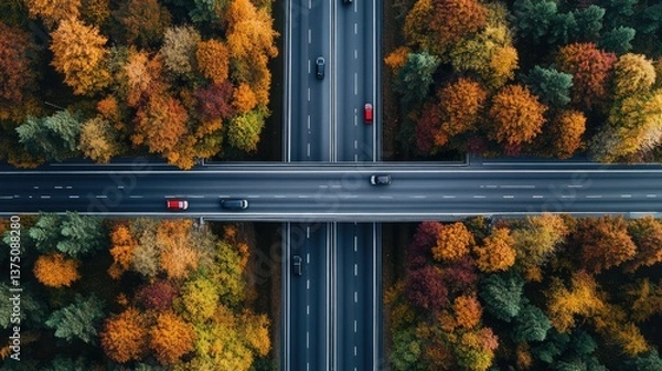 Obraz Aerial view of a multi-level highway interchange surrounded by lush green fields and trees.