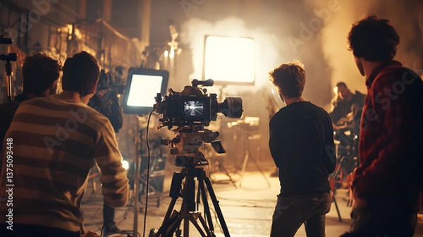 Obraz of actors rehearsing on a film set with a cinematographer capturing the scene 