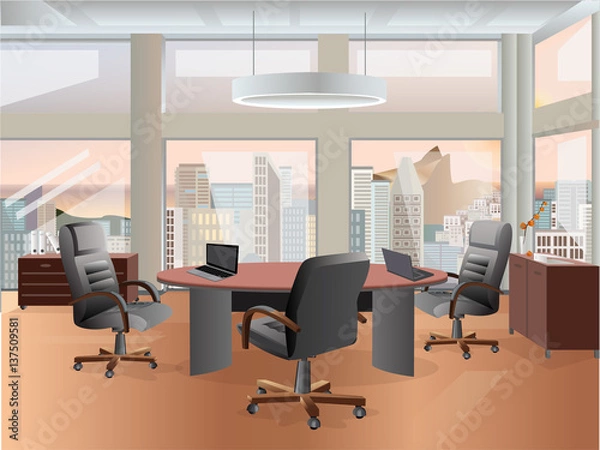 Obraz Office interior vector business background, tables chairs, computer desk, desktop, window, city, empty, on the tables with computers.