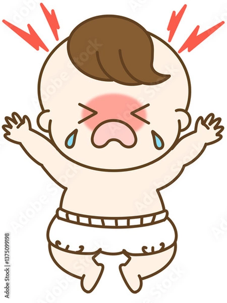 Obraz 癇癪を起こして大泣きしているオムツの男の子の赤ちゃんのゆるかわイラスト