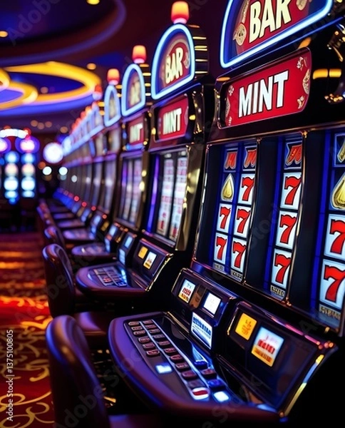 Fototapeta Row of modern slot machines in a vibrant casino, illuminated by colorful neon lights, creating an exciting and luxurious gambling atmosphere for players and gaming enthusiasts

