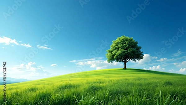 Fototapeta 五月晴れの丘と一本の大樹