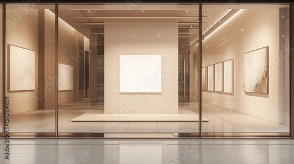 Fototapeta Blank artwork, blank poster hanging in a frame canvas mockup on art gallery walls in art gallery entry, miminalistic modern art exhibition, curated display storefront for creative artwork background