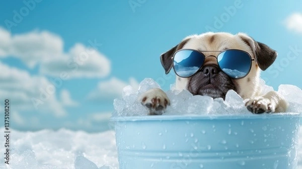 Fototapeta Pug puppy wearing sunglasses relaxes in a bucket full of ice, keeping cool on a summer day with a cloudy blue sky.