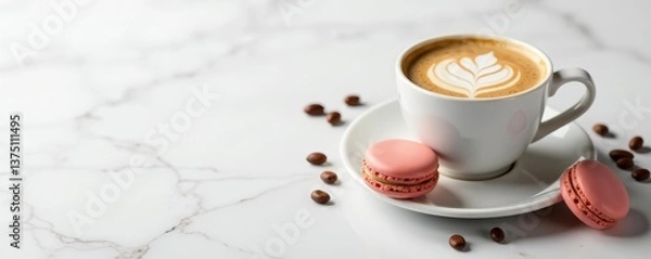 Fototapeta Gourmet macarons and latte coffee on sleek white marble background, cafe, luxury