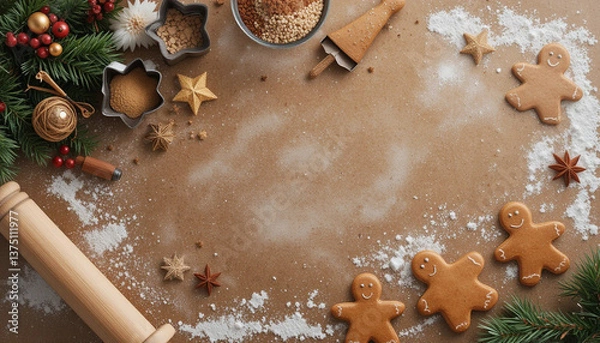 Obraz Holiday food background for baking gingerbread cookies with cutters, rolling pin and spices on table top view. Christmas recipe. Copy space for christmas recipe.