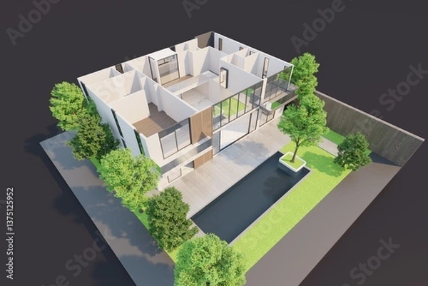Fototapeta 3D render of a house with a view of the interior of the house with a garden and a swimming pool. There are large trees around the house.