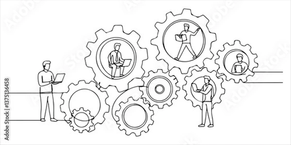 Obraz people establishing a work process in the form of gears continuous single line art drawing sketch on white background