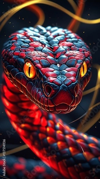 Fototapeta Futuristic cybernetic snake with glowing red and orange neon highlights, featuring a high-tech sci-fi design, sharp metallic scales, and an intense gaze, symbolizing power and danger

