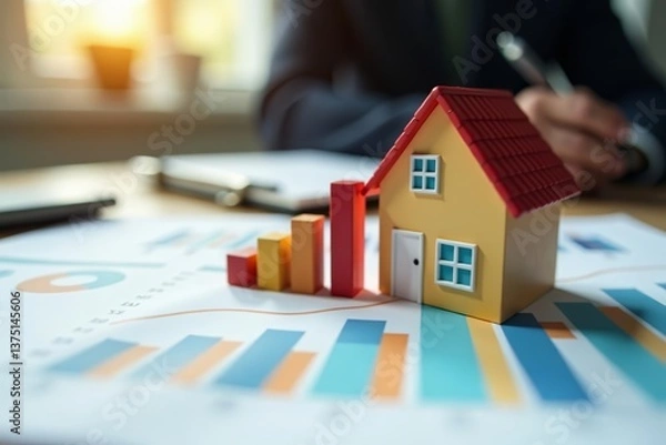 Fototapeta Real estate market growth represented by house models on financial chart at desk, growth, concept
