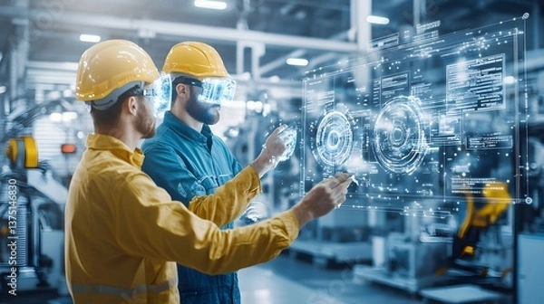 Obraz Engineers using a holographic display to visualize production data and monitor machinery, holographic data monitoring, futuristic production