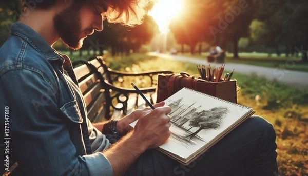 Fototapeta A student sketching a landscape in a notebook seated on a park b