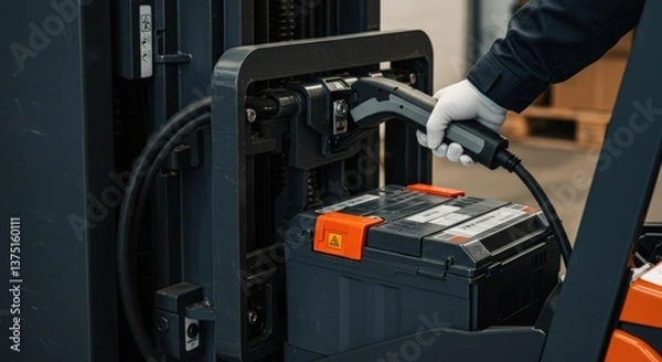 Fototapeta A close-up view of an operator wearing a glove, charging a lithium-ion battery for an electric forklift in an industrial warehouse setting, showcasing modern technology and efficiency.